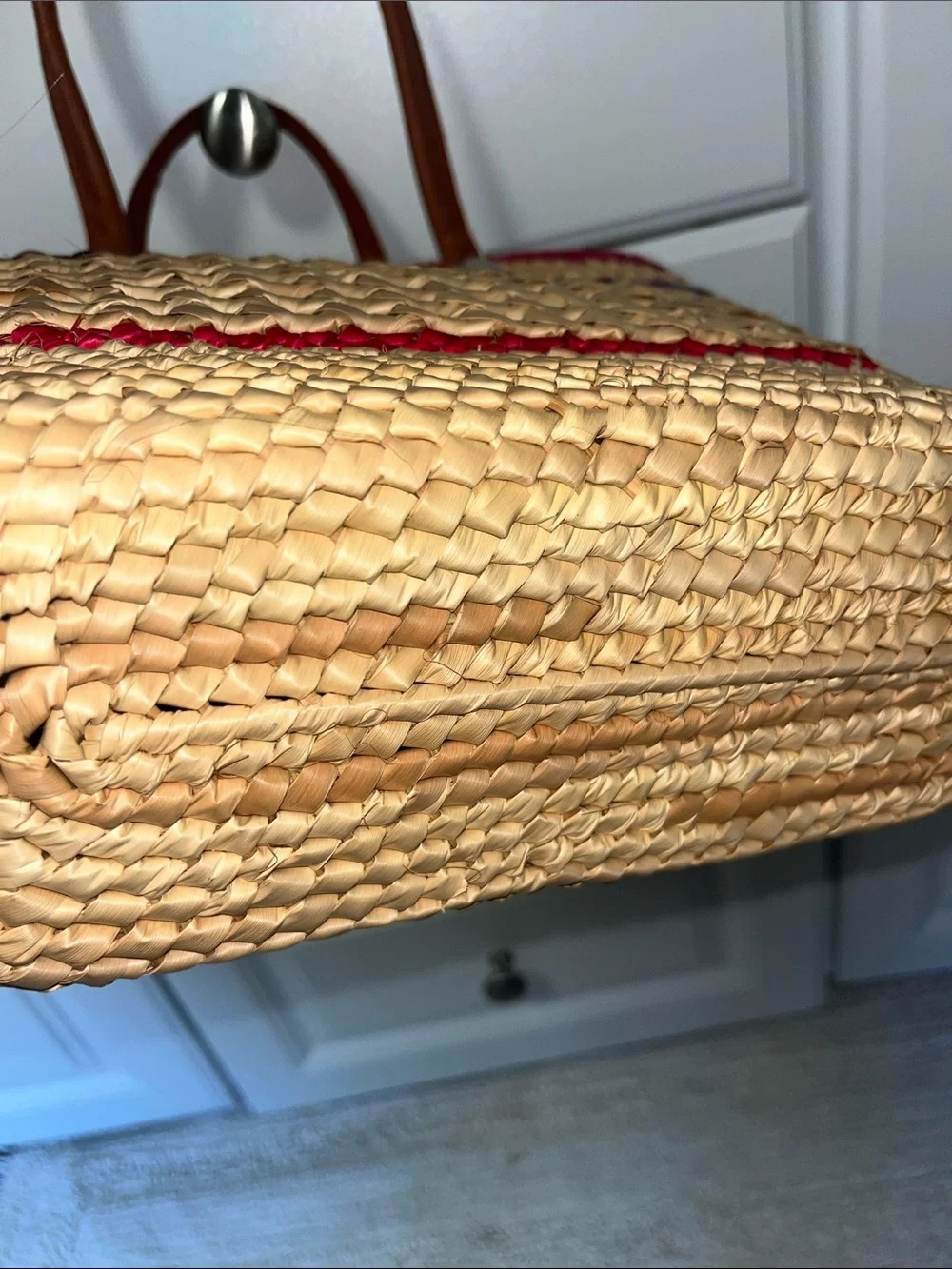 Woven Straw Basket Tote with Pink and Purple Accents